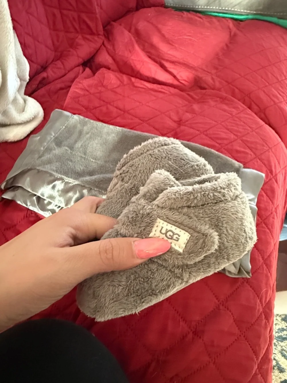 UGG Gray Faux Fur Baby Booties with Matching Gray Blanket